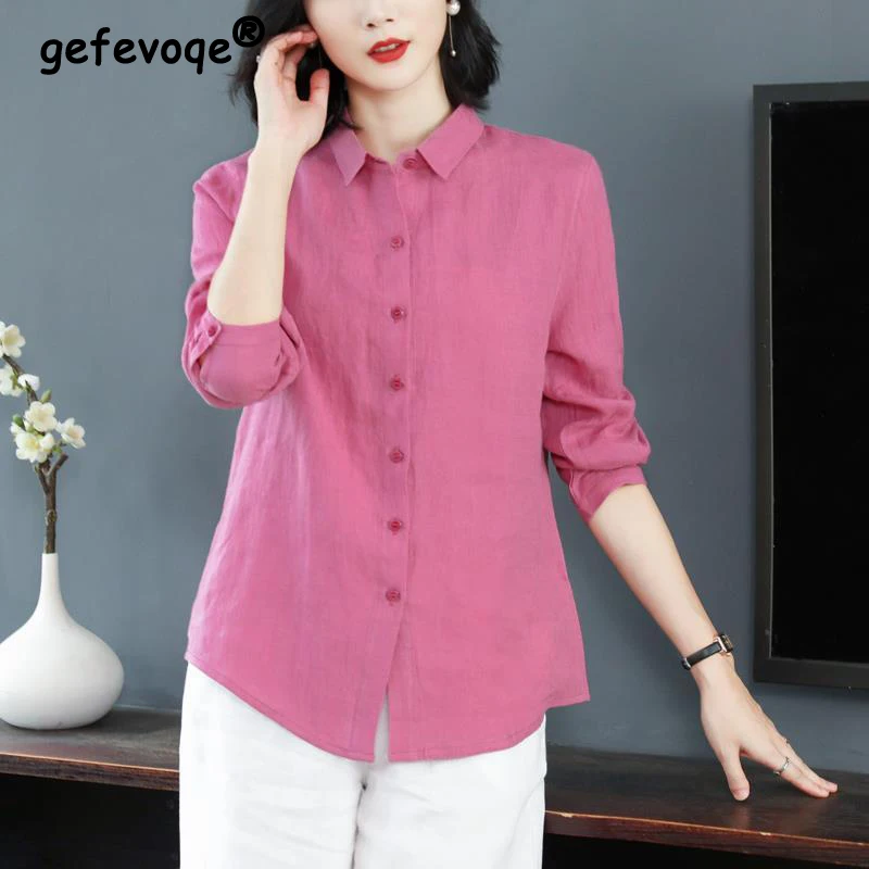 Korean Simple Style Solid Loose Cotton Button Up Shirt Spring Autumn Fashion Long Sleeve Casual Top Blouse Women Blusas Clothes