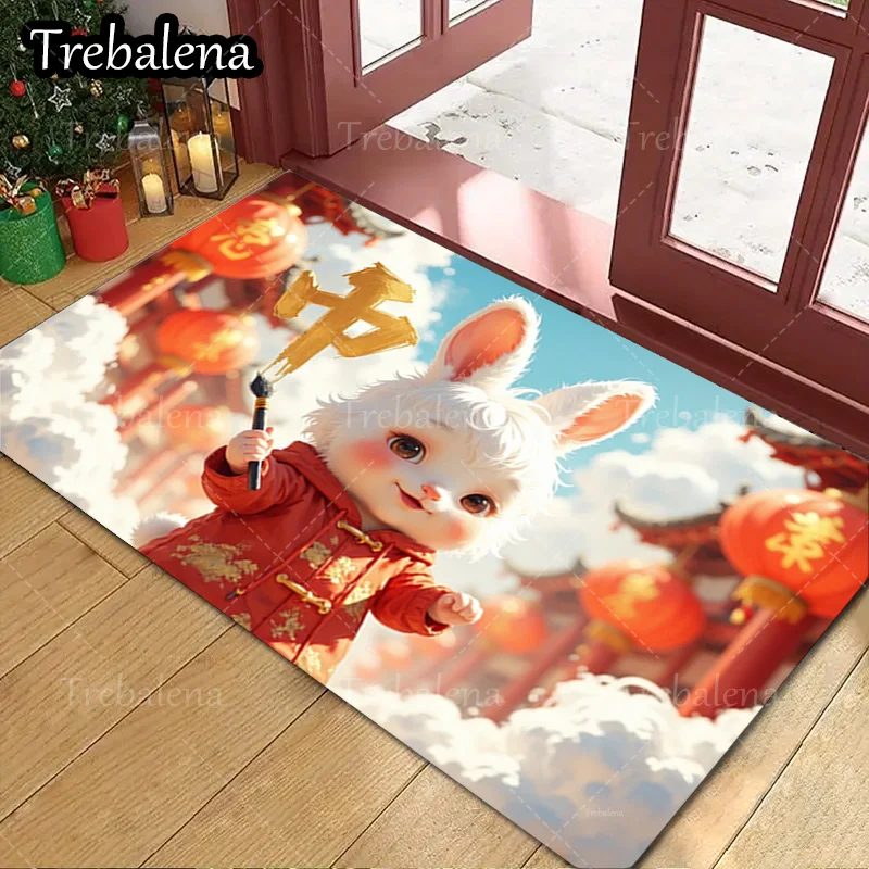 

1pc Welcome Door Mat Cute Rabbit in Red Costume Doormat Chinese New Year Decorations for Home