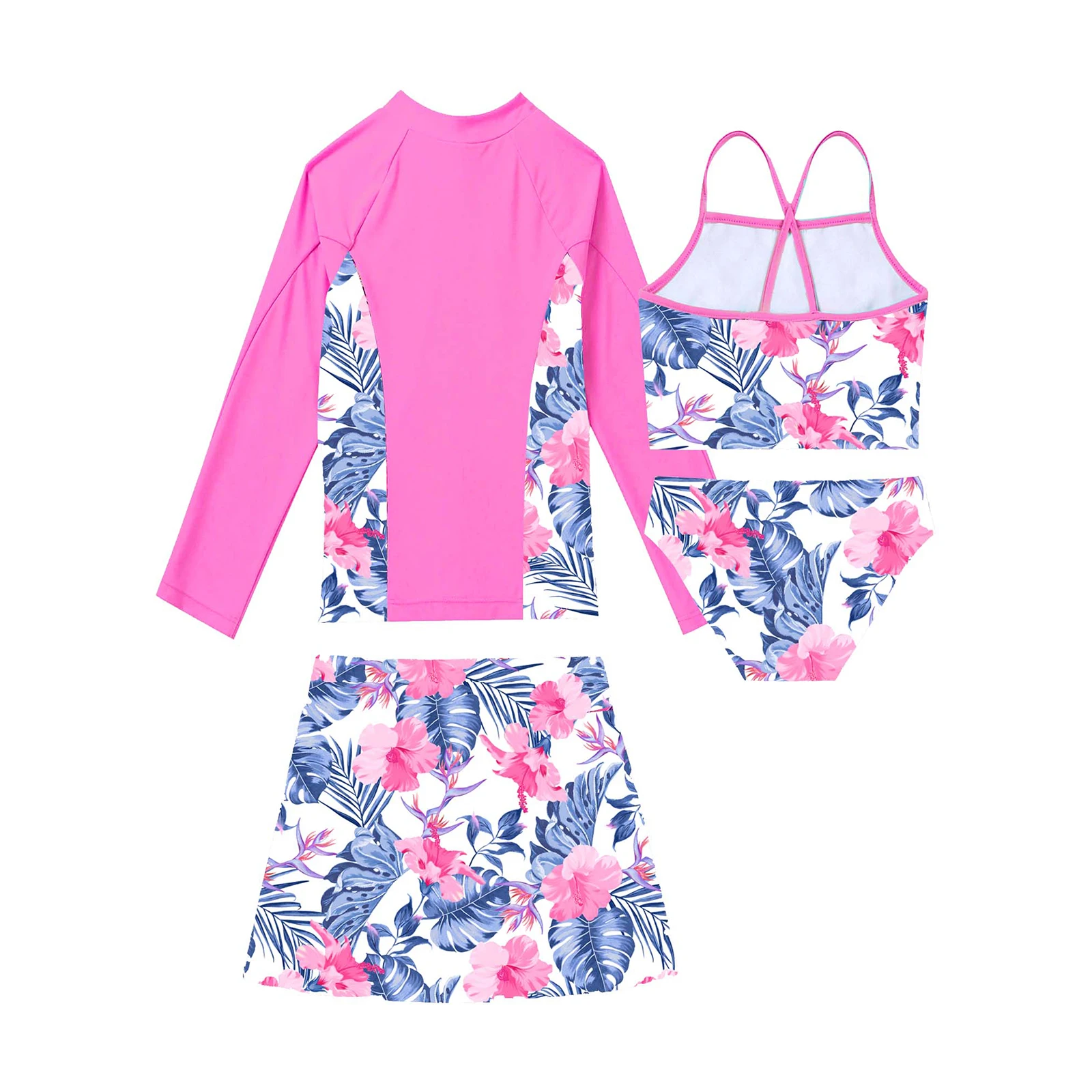 4Pcs Kids Girls Rash Guard Swimsuit Swimwear Beachwear Long Sleeve Zip Up Swim Shirt+Crop Tank Top+Briefs+Skirt Bathing Suits