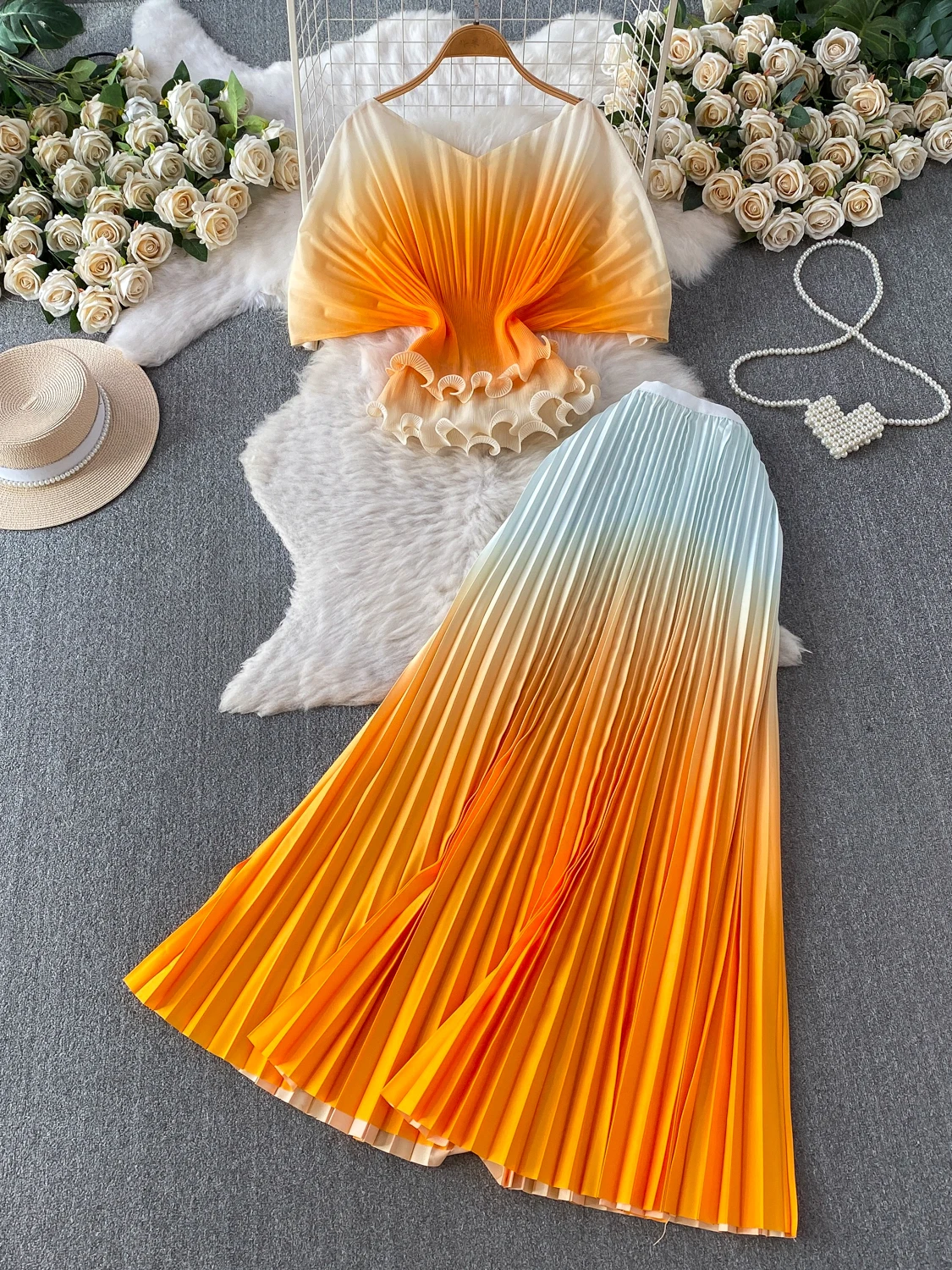 

Two-Piece Set with Gradient Color 3D Lace Short Sleeve Top And High Waist Pleated Long Skirt for Fashionable Women