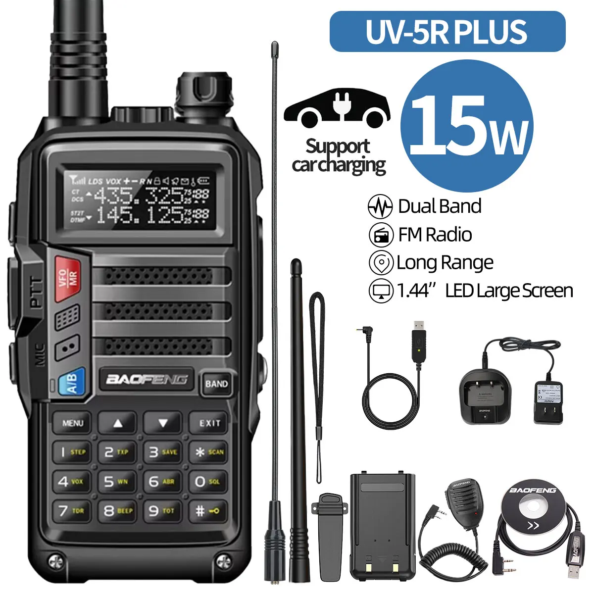 BAOFENG UV-5R Plus 15W Walkie talkie USB Charger 16 KM Long Range Transceiver UHF VHF Ham Radio UV 5R Two Way Radio for hunting