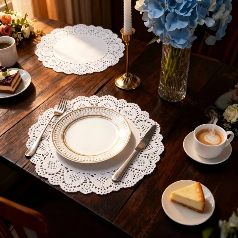 100Pcs Disposable White Kraft Paper Placemats,Wavy Lace Floral Pattern Table Mats for Wedding Party Banquet, Elegant Craft Decor