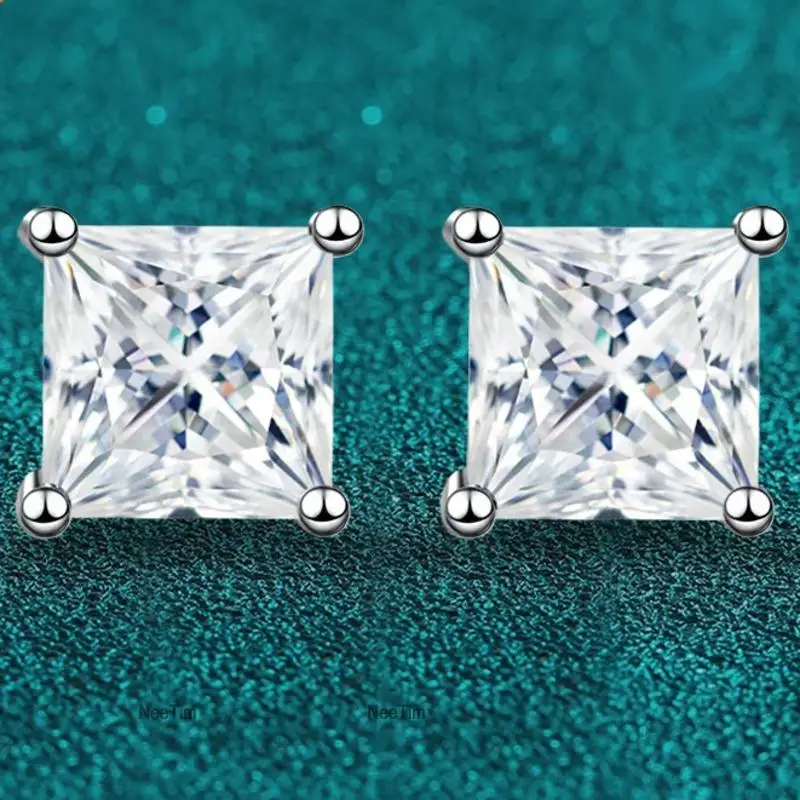 1Ct 2Ct Princess Cut Moissanite Earrings S925 Sterling Silver With White Gold Plated Ear Studs For Women Jewelry