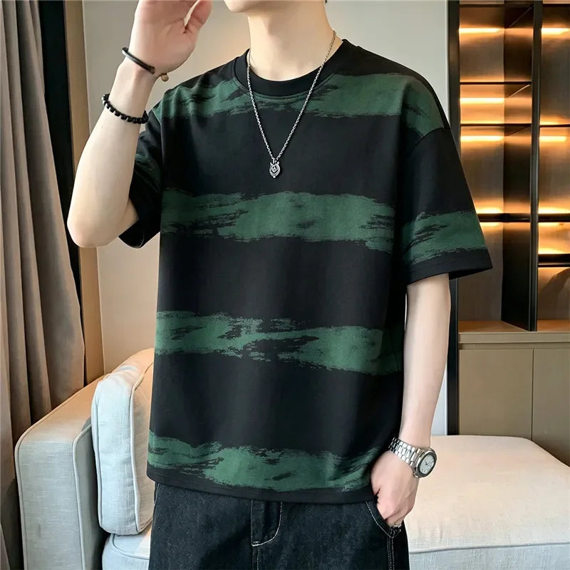 Men's Casual Short Sleeve T Shirt with Abstract Green Black Pattern Round Neck Breathable Cotton Blend Tee for Summer Daily Wear