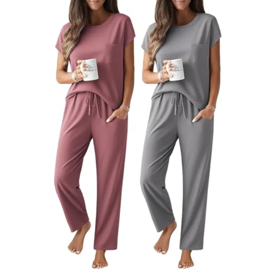 Ekouaer 2 Packs Pajamas for Women Set Cap Sleeve Top and Pants Soft Sleepwear Comfy Pjs Set with Pockets Loungewear