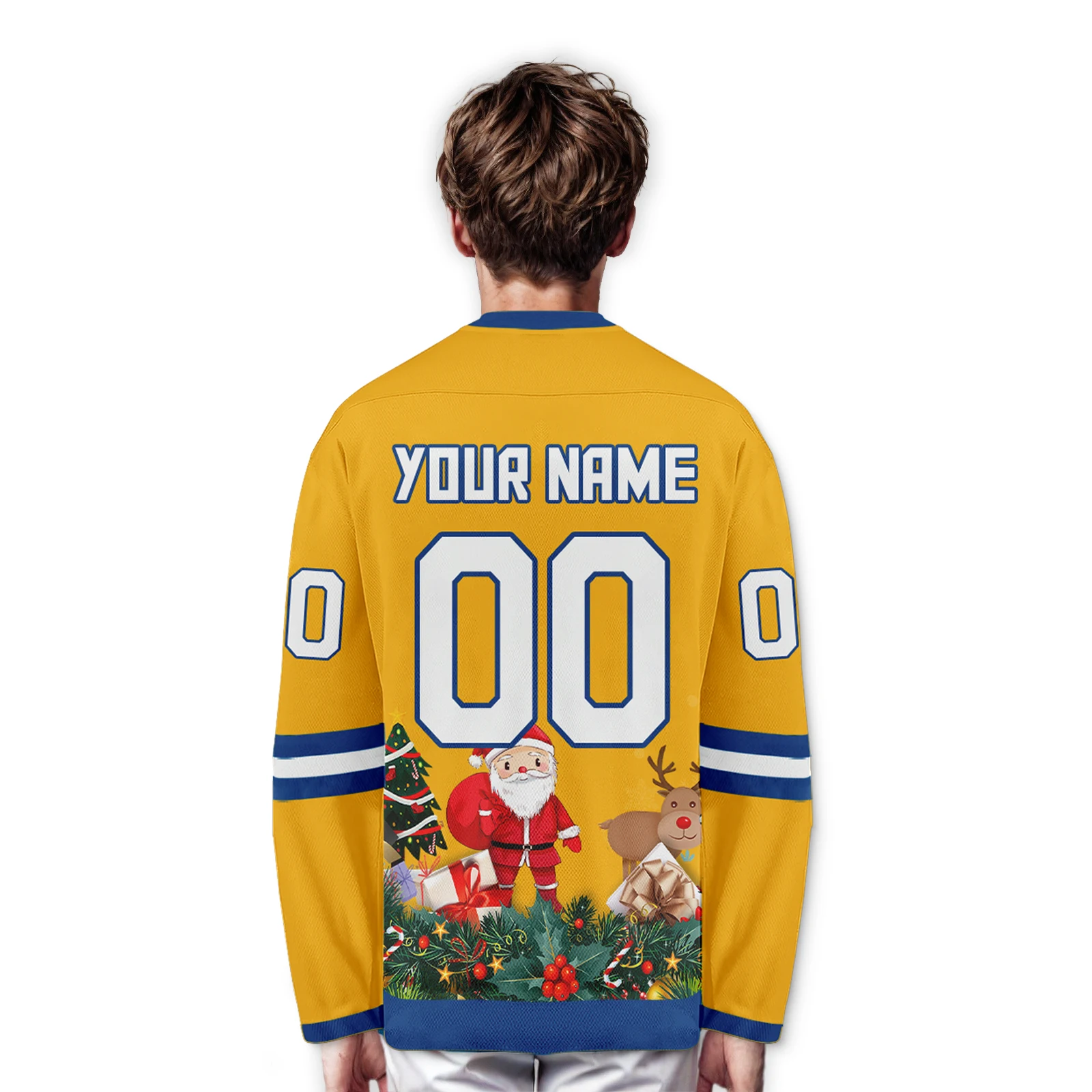 Yellow Hockey Jersey Custom Santa Claus Design Christmas Team Name Number Sports Uniform Men Women Kids Youth Xmas Gift