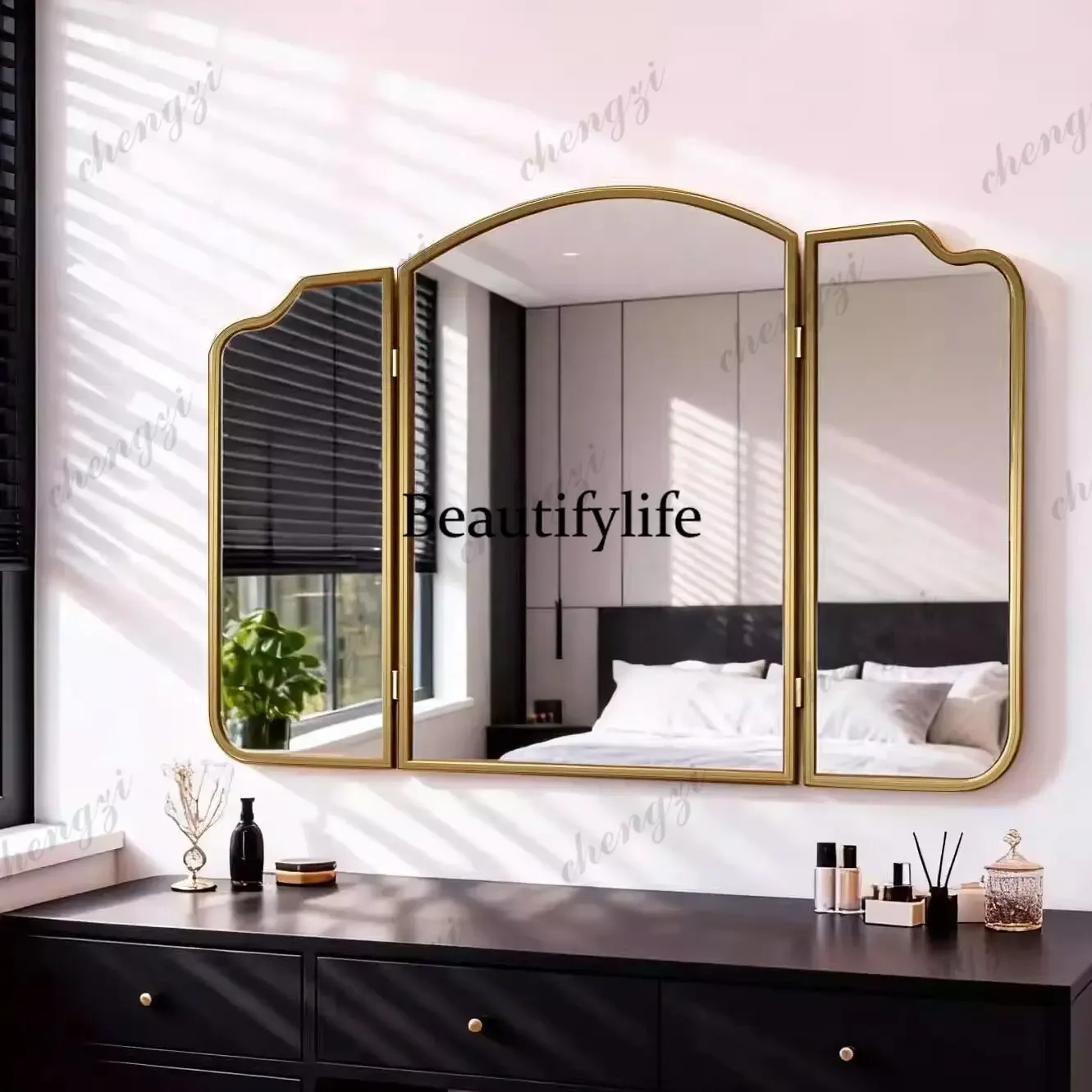 B456 Stainless steel, three-fold bathroom mirror folding sink, makeup vanity mirror wall-mounted decorative mirror customization