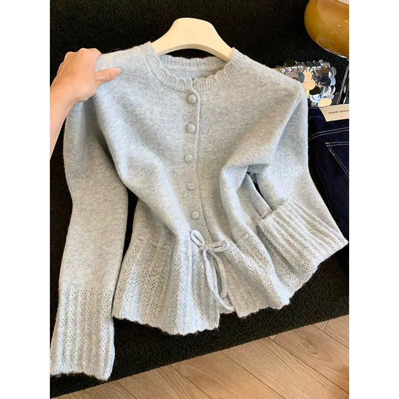 Nanyou High-End Goods Are Popular! Blue Drawstring Knitted Sweater Women's Autumn Soft Waxy Short Top Gray Cardigan Jacket