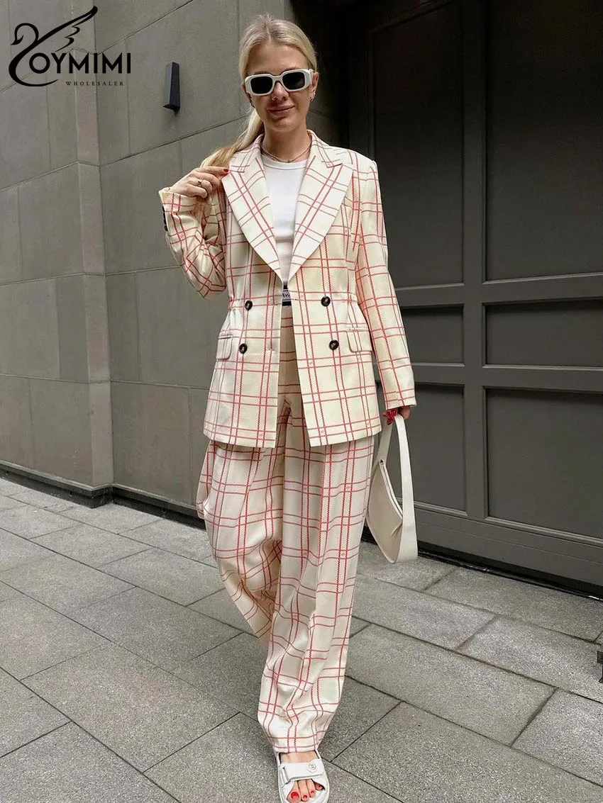 Oymimi Elegant Beige Plaid Print 2 Piece Sets Women Outfit Fashion Office Long Sleeve Double Breasted Shirt + Straight Pants Set