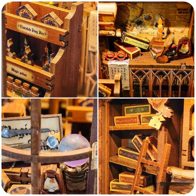 مجموعة OUZEY 3D Vintage Wizard's Shop Book Nook DIY - نموذج متجر سحري مصغر مع تماثيل، هدية ديكور رف الكتب للبالغين