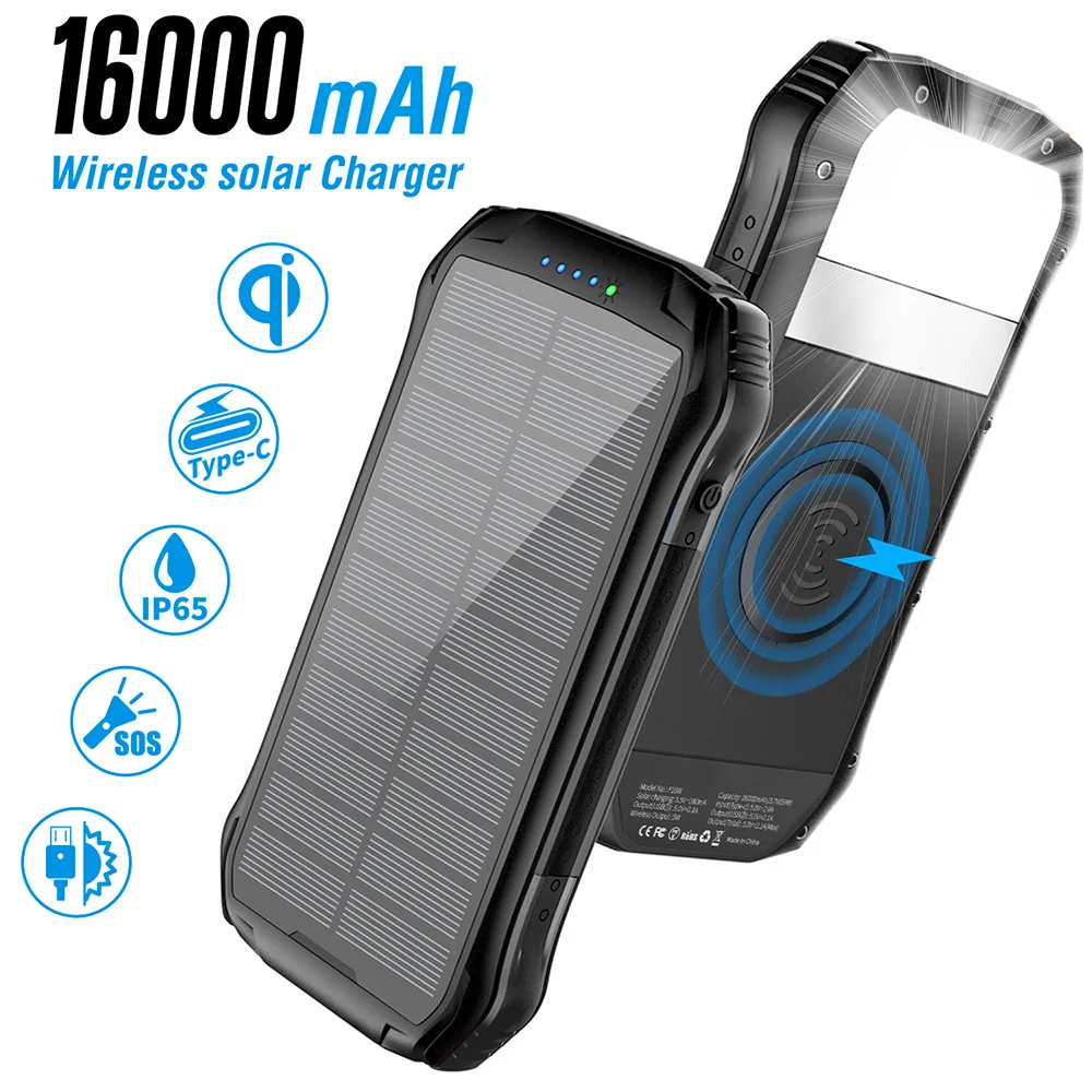 

Portable 16000mAh Solar Power Bank Wireless Charger Fast Charging Powerbank With LED Light for iPhone 15 Samsung Huawei Xiaomi