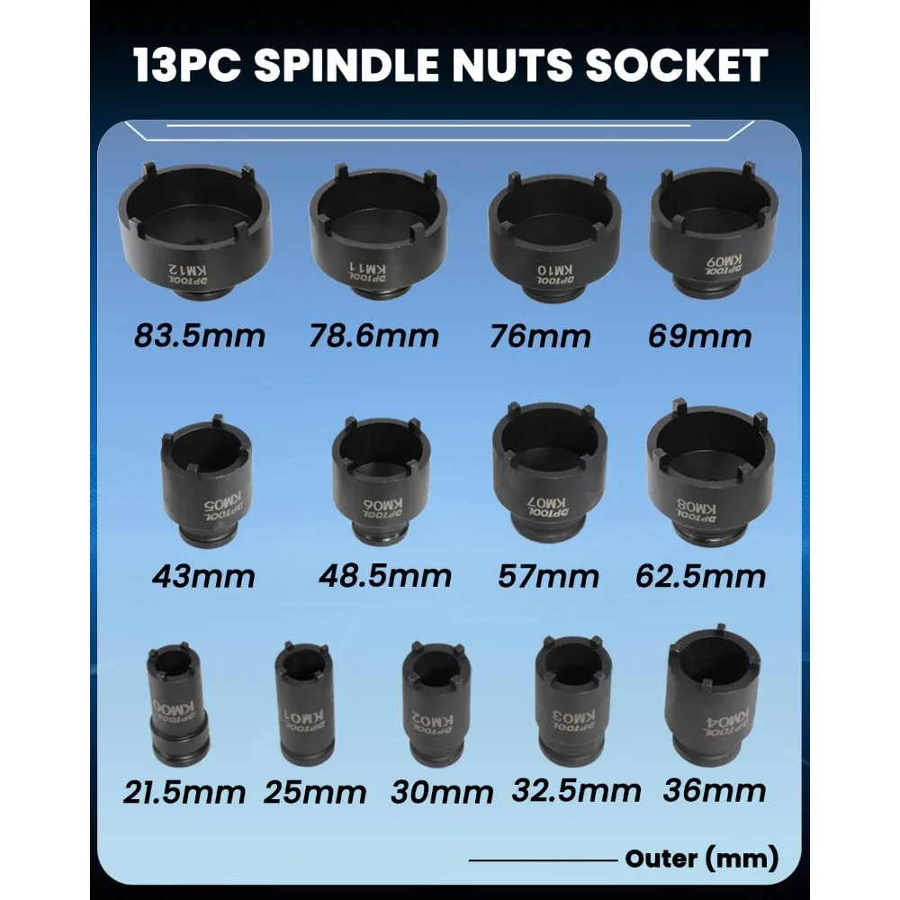 13pc Spindle Nut Socket Kit Axle Nut Socket Set for KM Groove Nuts