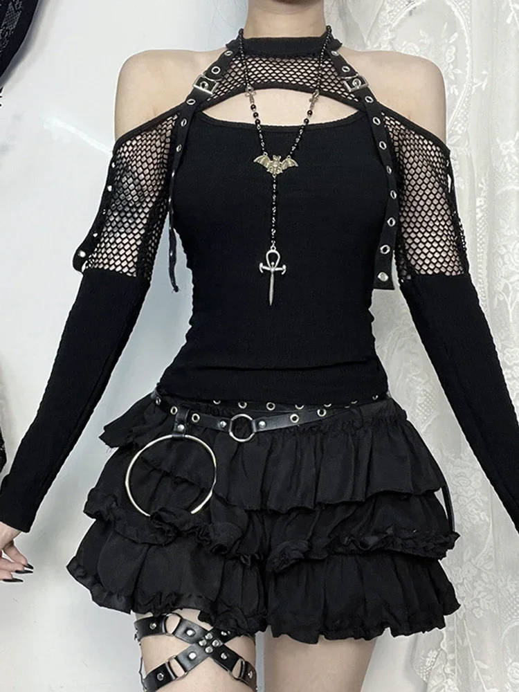 AltGoth Mall Gothic Sexy t-shirt donna Streetwear Harajuku Y2k E-girl Mesh Patchwork scava fuori manica lunga Halter Crop Tee Tops