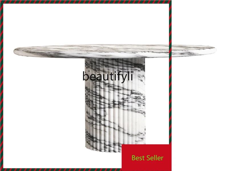 

G1218 G1218 Natural marble dining table round table big white, villa hotel restaurant round cream style dining table