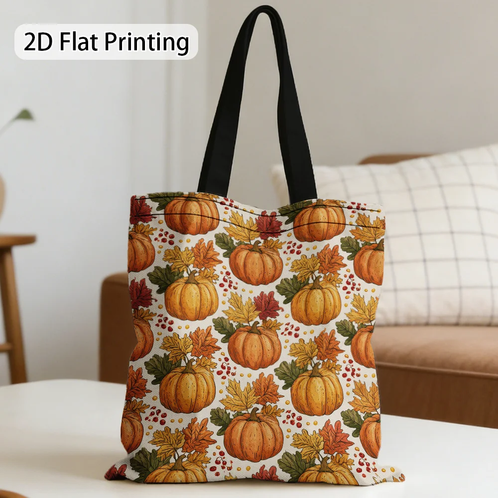 1pc 2D Flat Printing Autumn Pumpkins and Falling Leaves Pattern Shopping Bag, Shoulder Bag, Tote Bag Suitable for Shopping Pouch