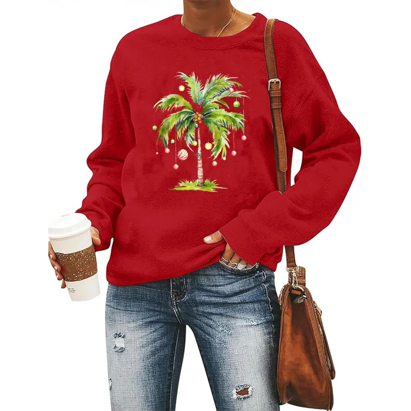 BOMYTAO Christmas Sweatshirts for Women Christmas Palm Tree Long Sleeve Shirts Xmas Holiday Party Pullover Tops Blouse