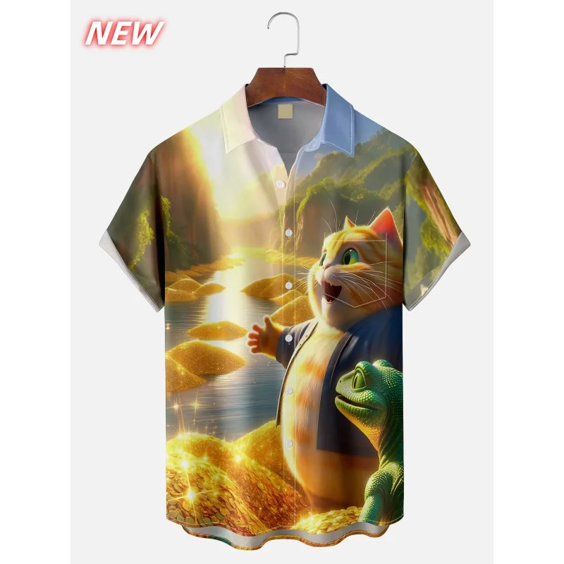 

Shark Chicken Cat Pattern Hawaiian Shirt Men Skeleton 3D Printed Short Sleeve Blouse Casual Beachwear Button Loose Aloha Shirts