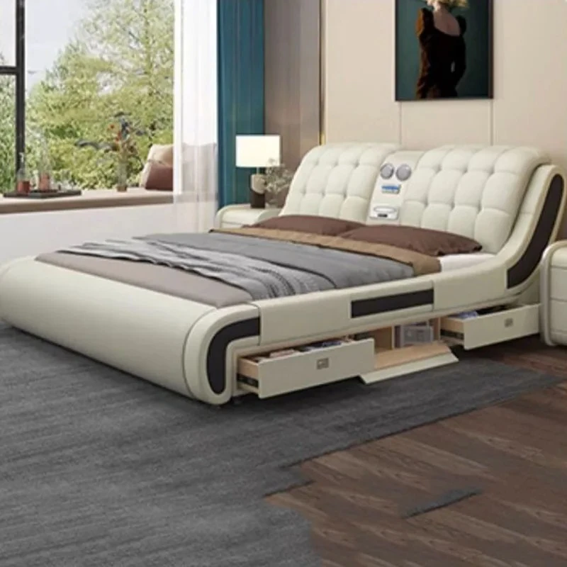 Master Leather Luxury Double Bed Frame Wooden Drawer Multifunction Double Bed Storage Pretty Cama Matrimonial Bedroom Furniture