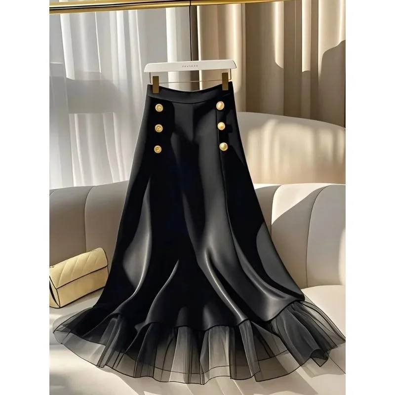 New High End Summer Satin Skirt Women Luxury Fashion Mesh Patchwork Double-Breasted A-Line Elegant Skirts Celebrity Party Jupe