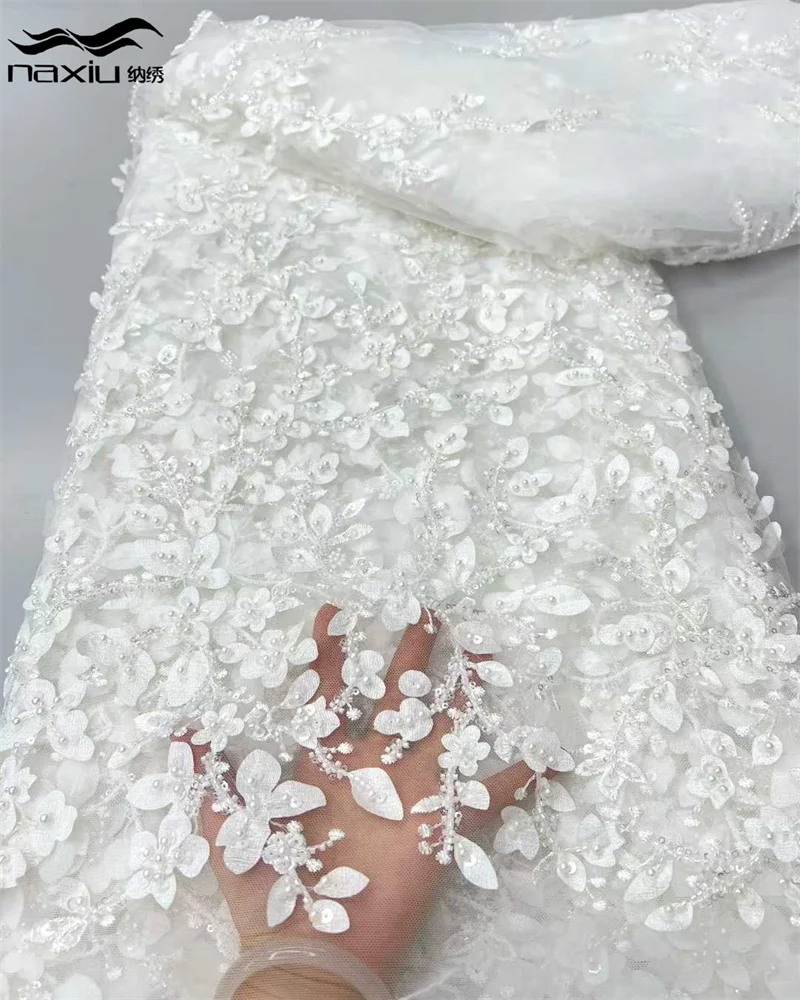 

Madison White African 3D Beaded Sequins Groom Embroidery Lace Fabric Luxury Nigerian Mesh Lace Fabric for Women's Wedding Dress
