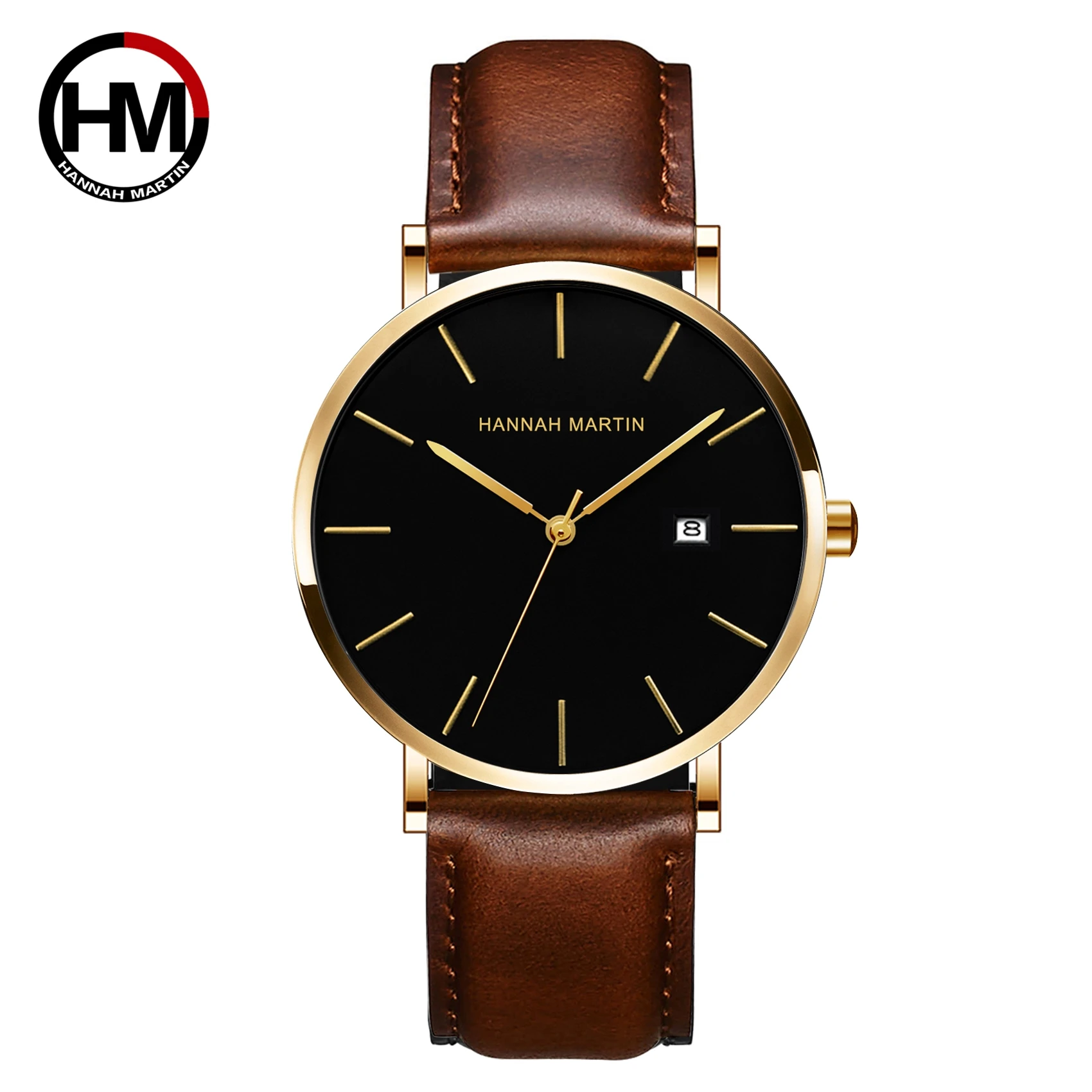 HANNAH MARTIN Brand Watch for Men Business Style Genuine Leather Japanese Movement Quartz Black Fashion 3Bar Waterproof Watches