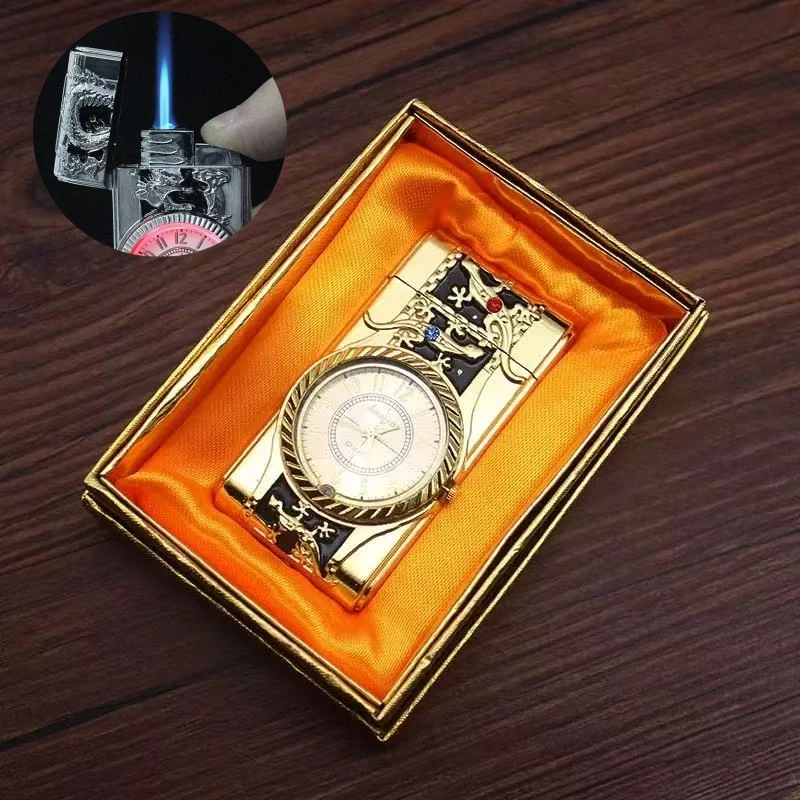 Creative Quartz Clock Lighter Compact Gas Lighter Butane Jet Torch Cigar Windproof Direct Charge Blue Flame Lighter Men's Gift