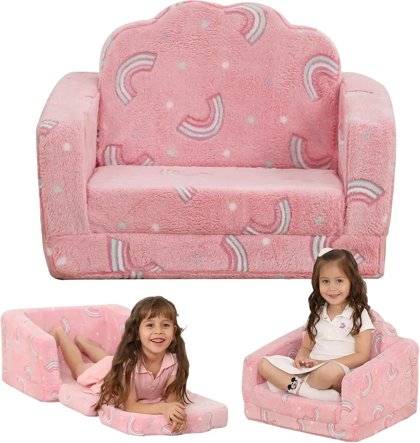 

Детский складной раскладной детский диван-кресло 2 в 1, раскладной диван-лежак для девочек и мальчиков (розовая Радуга)