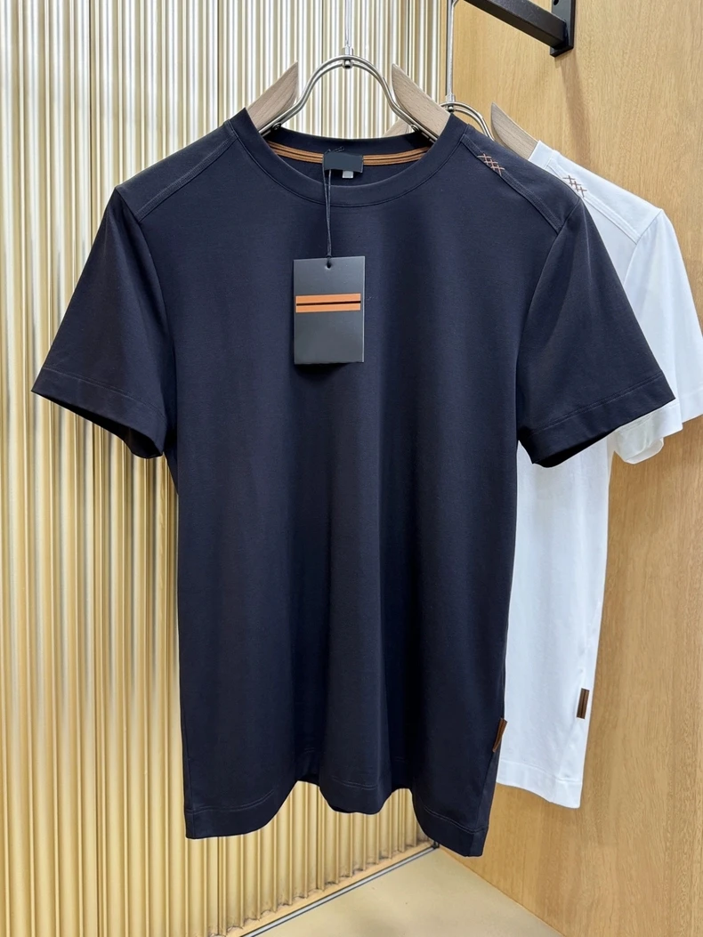 

Мужская футболка в итальянском стиле, летняя, с вышитым буквенным значком, модная, деловая, из длинноворсового хлопка, с круглым вырезом, с коротким рукавом