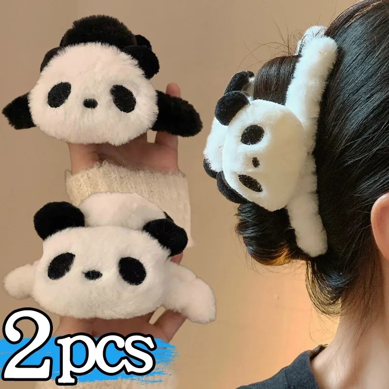 Garra de pelo de tiburón de felpa Panda para mujer, soporte de cola de caballo de acrílico de Animal de dibujos animados lindo, horquilla de moda para niñas, horquilla para el cabello de gran tamaño