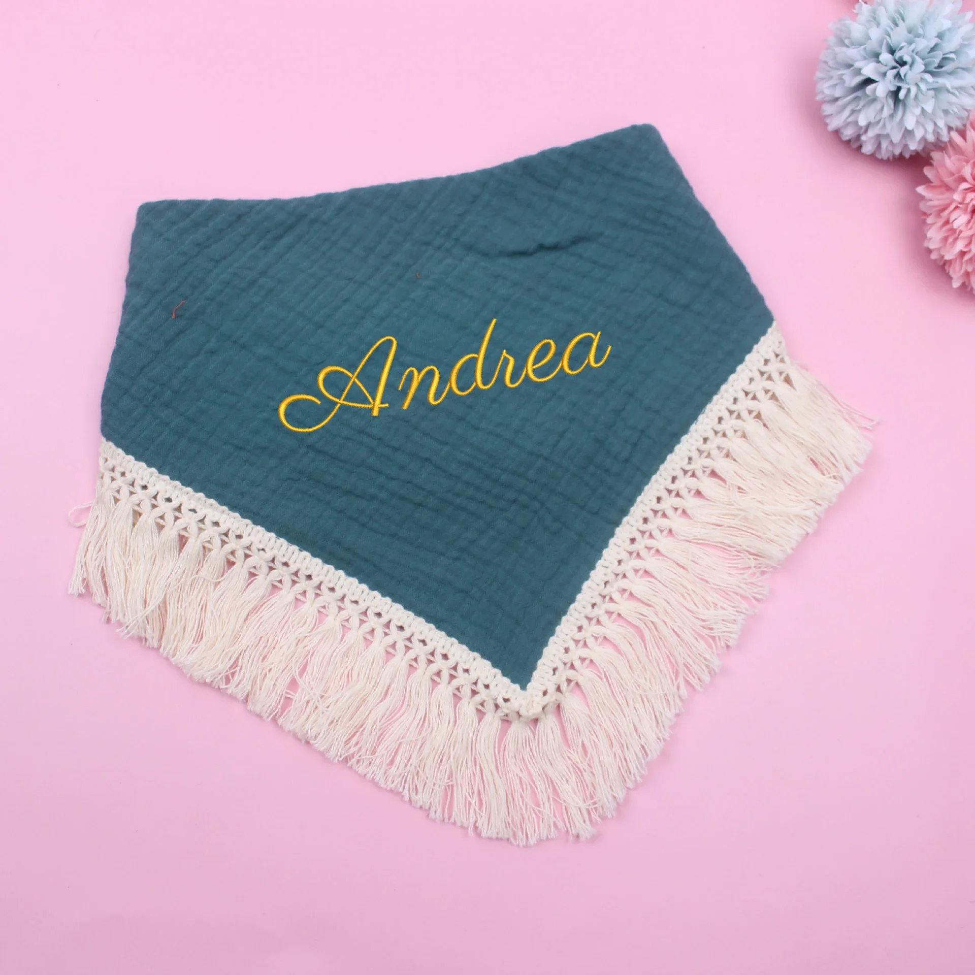 

Name Personalized 100% Cotton Solid Color 4 layers Tassels Baby Bibs Saliva Towel Bandana Bibs Muslin Gauze Bib