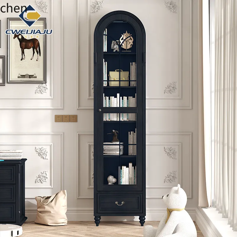 CZ Arched Bookcase Solid Wood Black Vintage Living Room Wall-mounted Storage Cabinet with Glass Door and Shelves