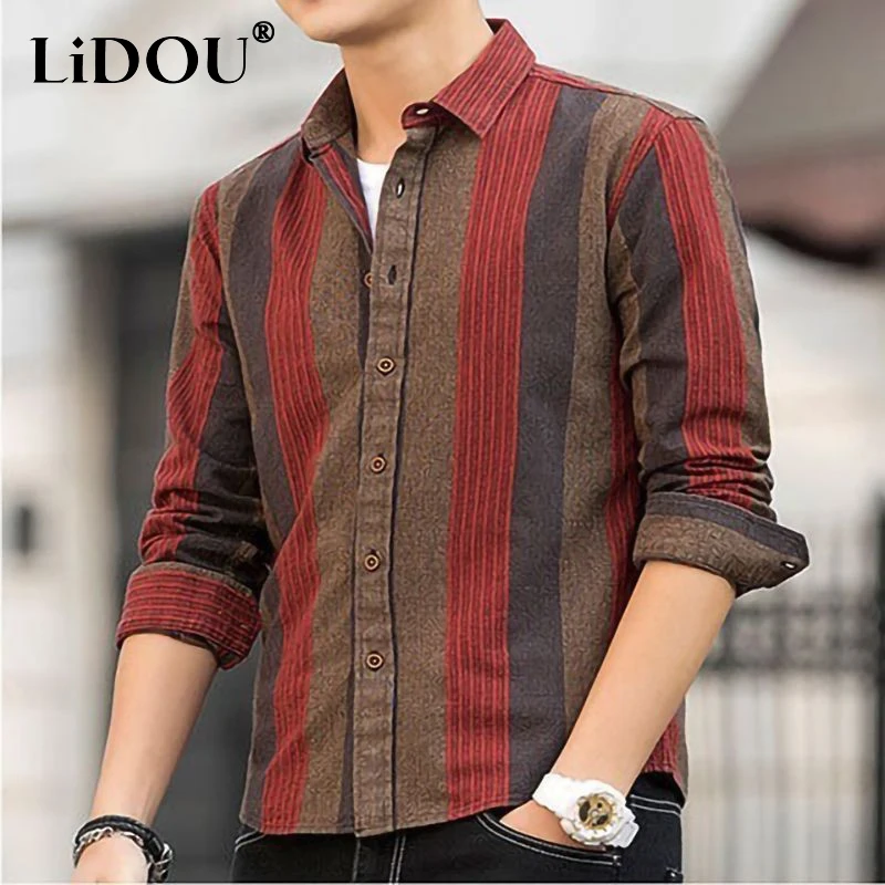 Spring Autumn New Fashion Striped Shirt Man Turn-down Collar Long Sleeve Single Breasted Cardigan High Street Contrast Color Top