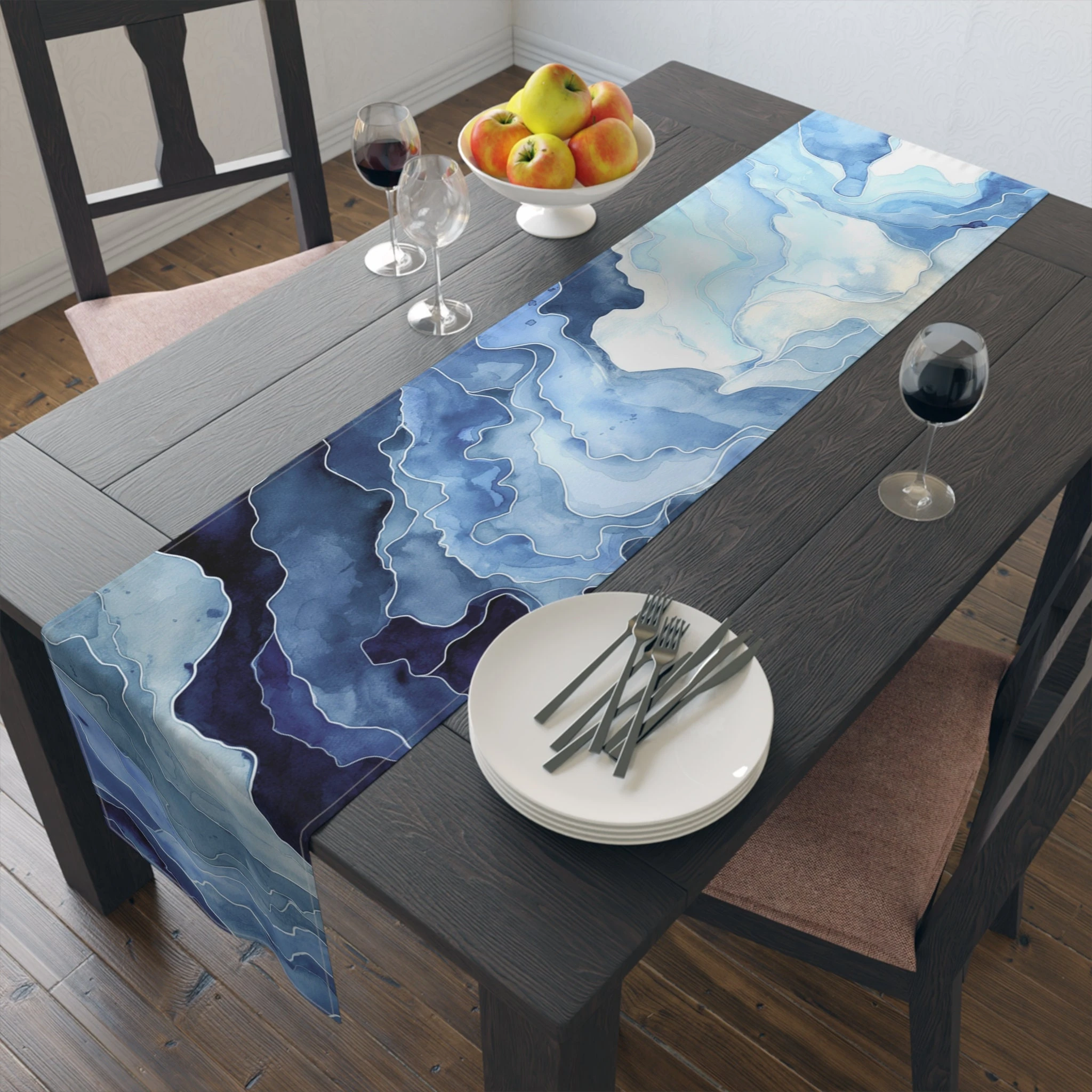 Watercolor Ocean Table Runner, Ombre Blue Coastal Style Dining Table Decoration