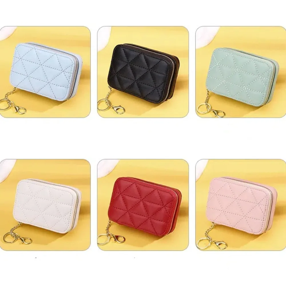 Portable PU Leather Lipstick Bag with Mirror Solid Color Mini Purse Zipper Cosmetic Bag Outdoor