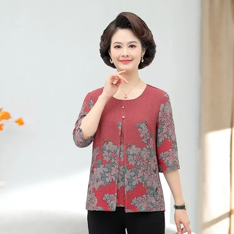 New Summer womens clothing Middle-aged elderly Fake Two-Piece Set Casual Print Loose Women\'S shirt