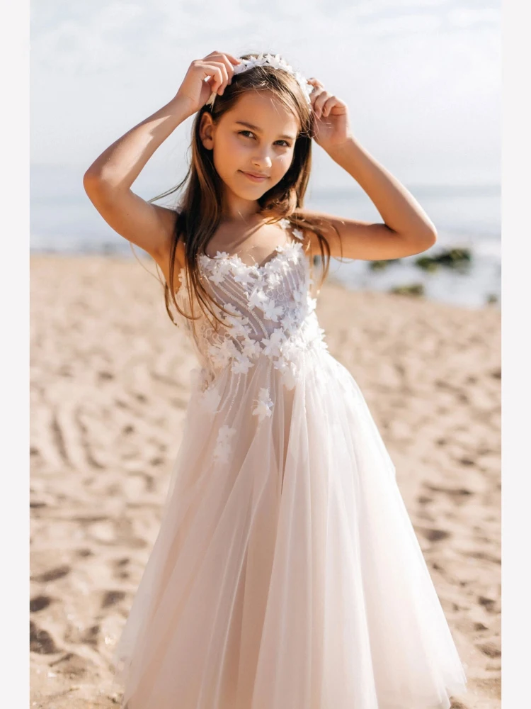 

Boho Flower Girl Sweetheart A Line Wedding Party Dress Ivory Sleeveless Birthday Party Knee Length First Communion Dress