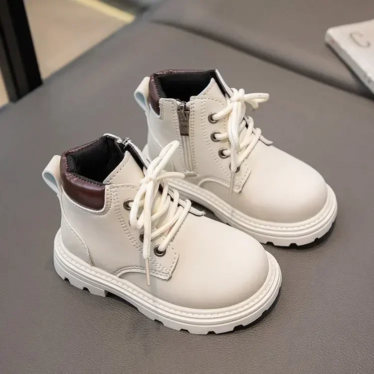 Kids Leather Boots Thick Soft Sole Students Ankle Boots Non-Slip 2025 Autumn New Fashion Children Short Boots Round Toe British