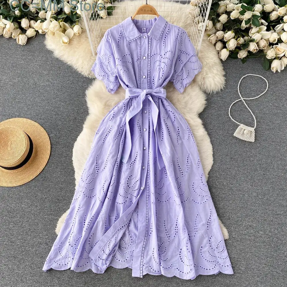 

New Women's Slim Waist Hollowed Out Short Sleeved Beautiful Long Dress Temperament Clothing Sweet Korea Chic Summer