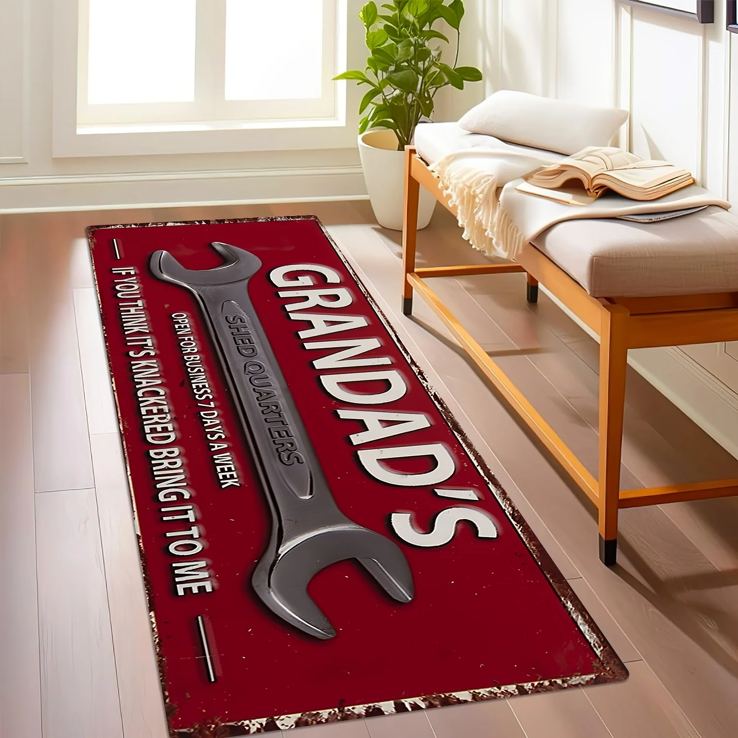 Vintage Red Grandad's Shed Wrench Letter Metal Sign Runner Rug, non-slip mat for entry garage retro industrial home floor decor