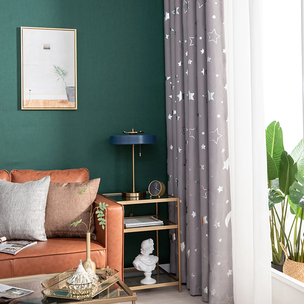 Rideau de fenêtre en Polyester, 1 pièce, isolation thermique occultante, 100x250Cm, gris, argent, étoiles, lune, imprimé, pour salon, chambre à coucher, coulissant
