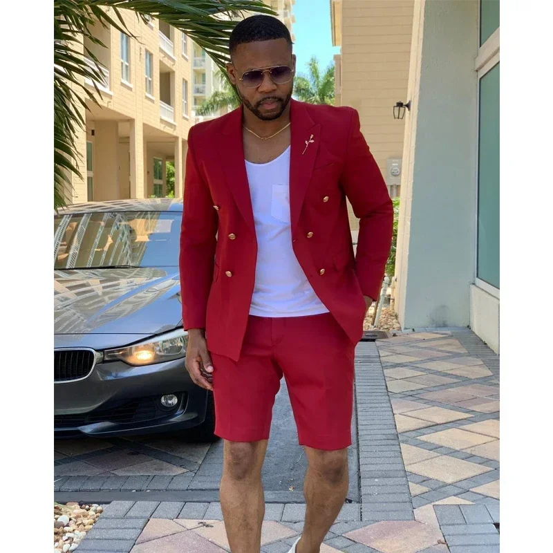 

Red Linen Summer Men Suits Slim Fit With Short Pants Double Breasted Jacket 2 Piece Beach Wedding Groom Tuxedo Male Blazer