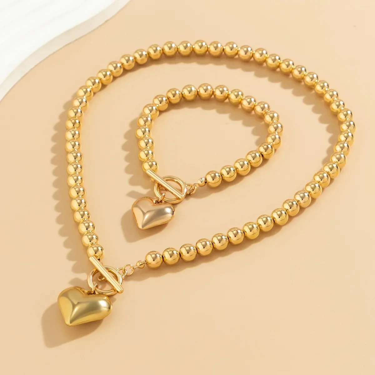 2Pcs Luxury Gold Color Beads Heart Pendant Necklace Bracelet for Women Punk Vintage OT Buckle Choker Wedding Party Jewelry Set image 3