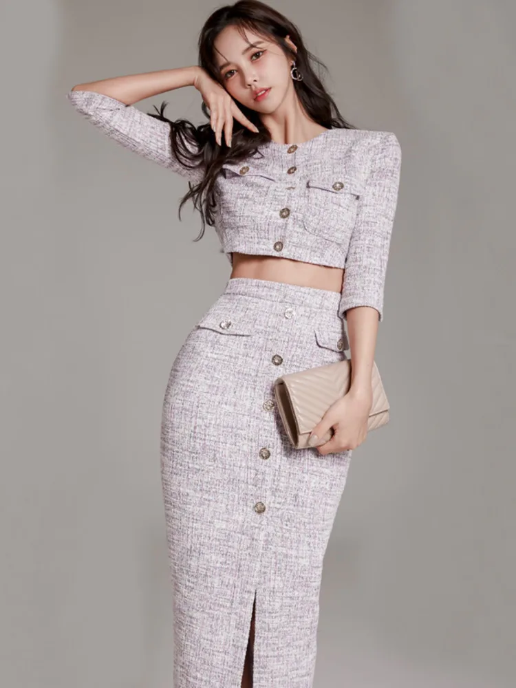 High Quality Tweed Two Piece Set Women Korean Fashion Half Sleeve Short Jacket Coat Crop Top + Skirt Sets Office Lady Outfits