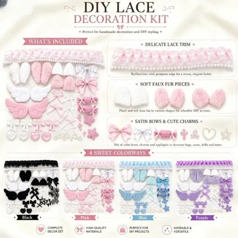 DIY Bastelzubehör-Set: Spitzenband, Schleife, Engelsflügel, Stern-Ornament, gemischtes Materialset für handgemachte Haarspangen, Schlüsselanhänger und Dekorationen. – Detail 1