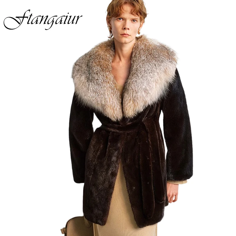 Ftangaiur Winter Import Velvet Mink Fur Coat With Fur Collar Black Mink Coat Women Medium Natural Real Mink Fur Coats