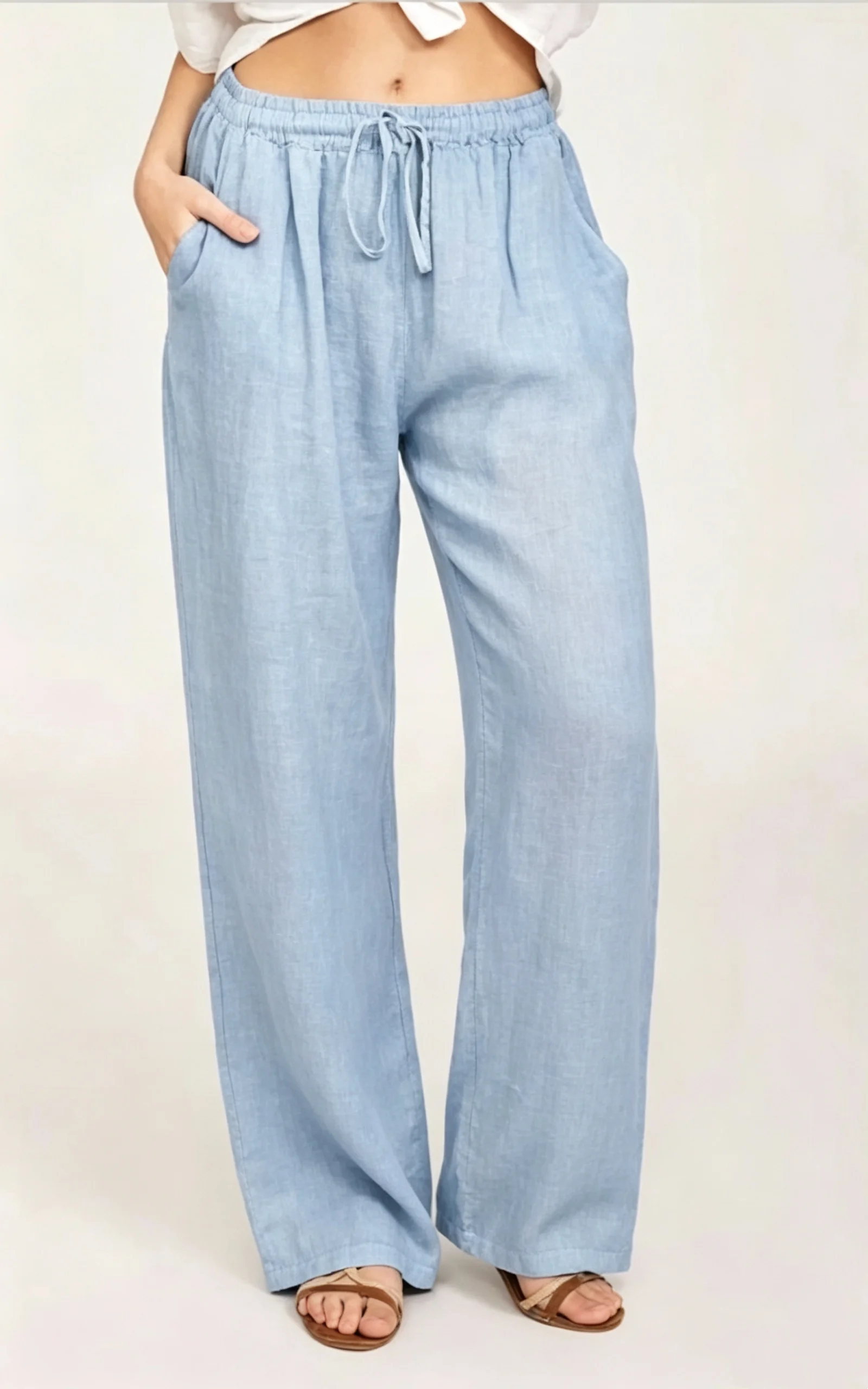 Damenhosen aus 100% Baumwolle für Sommer und Herbst, einfarbige, hochtaillierte, gerade geschnittene Hosen, lockere, atmungsaktive Freizeithosen aus Hanf für Damen, Sport-Hosen. – Detail 8