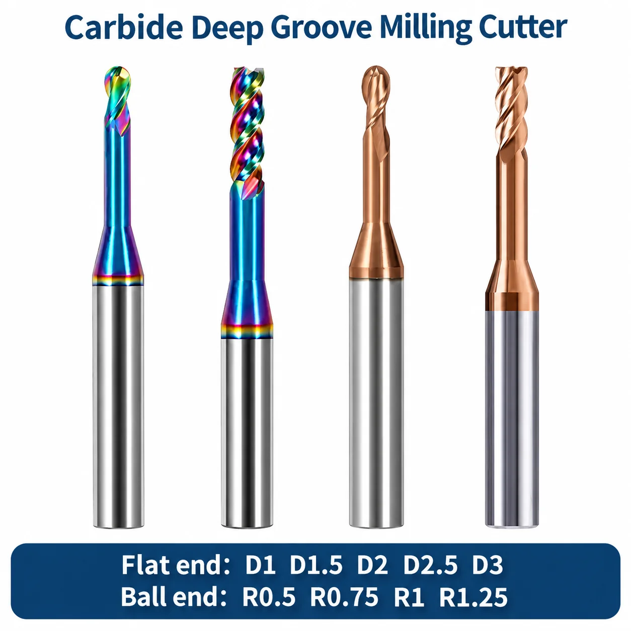 HRC56 HRC60 Carbide Long Neck End Mill D0.3-D0.9 R0.15-R1 Flat Ball Nose Deep Groove Milling Cutter for Precision Machining
