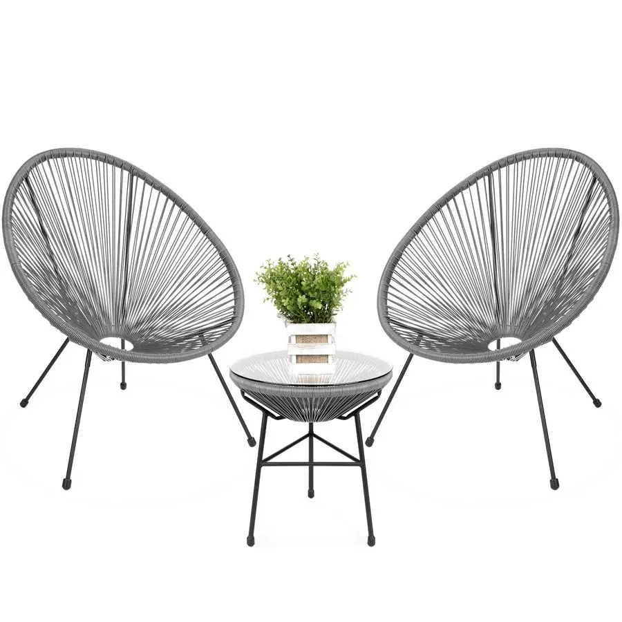 3Piece Outdoor Acapulco AllWeather Patio Conversation Bistro Set w Plastic Rope, Glass Top Table and 2 Chairs Gray