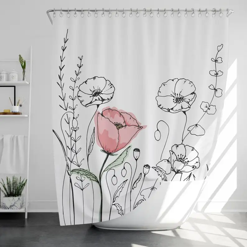 Flower Line Art Shower Curtain with 12 Hooks Waterproof, Modern Bathroom Decor, Housewarming Gift