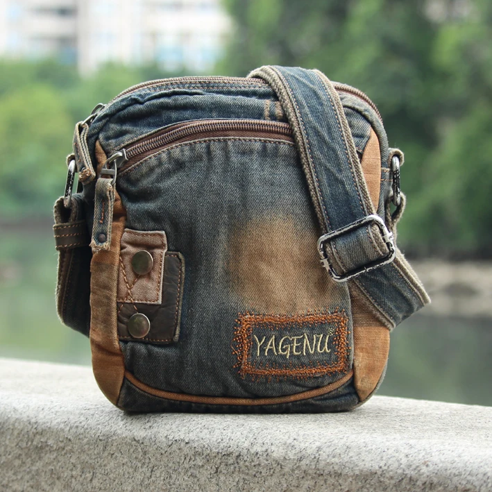 Retro Style Denim Business Backpack Casual Crossbody Bag for Men And Women Single Shoulder Bag Trendy Vertical Washed Bag